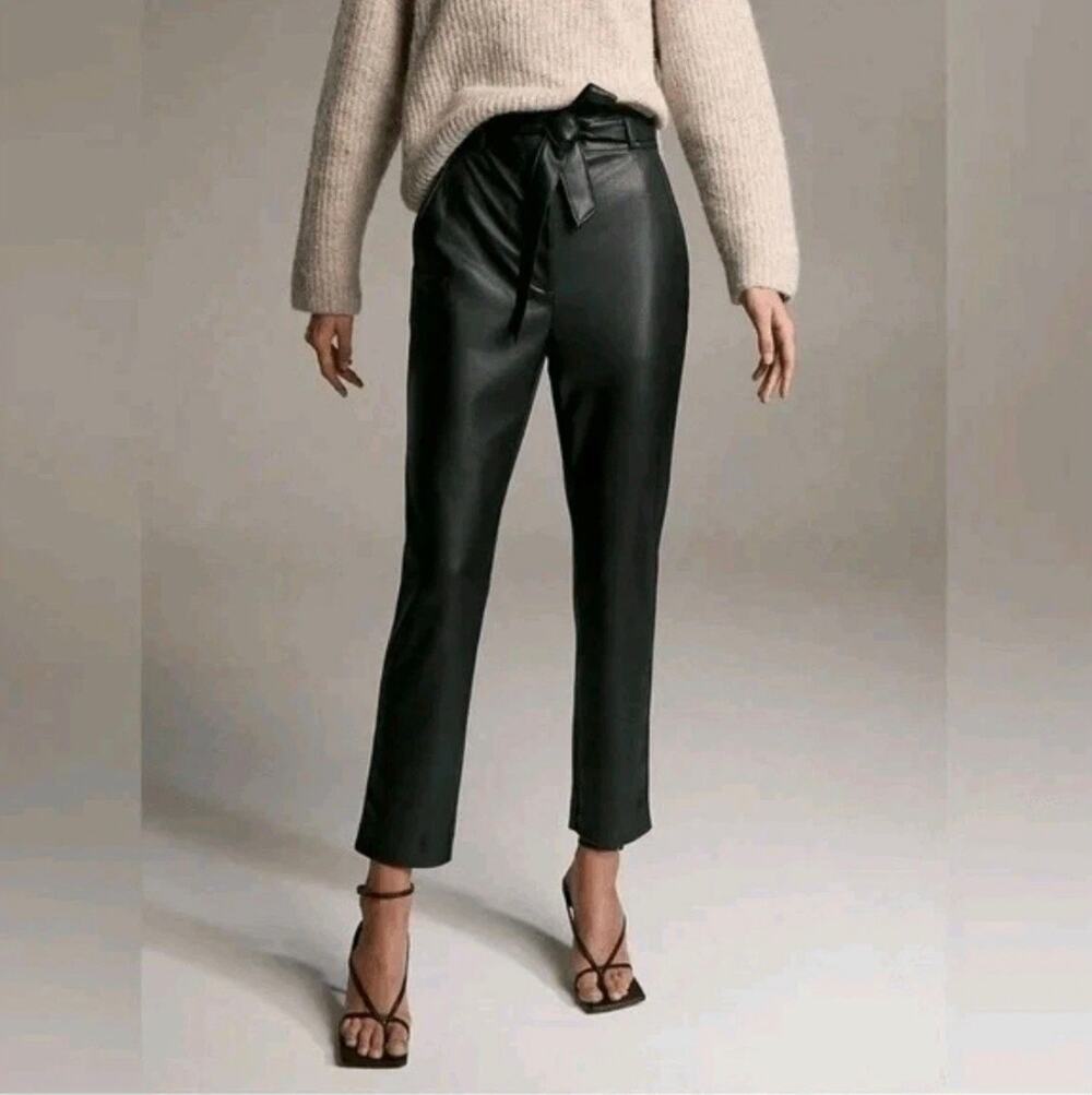 Babaton Aritzia Size 10 Vegan Faux Leather Tie Waist Tapered Pants Black Party